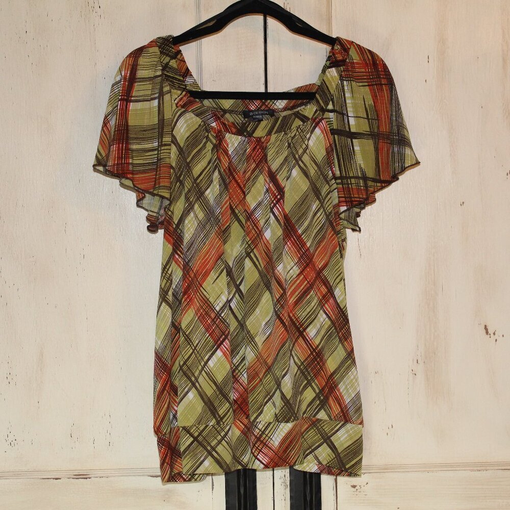 B-Design Vintage Y2K flutter sleeve sccop neck banded‎ hem blouse size XL
